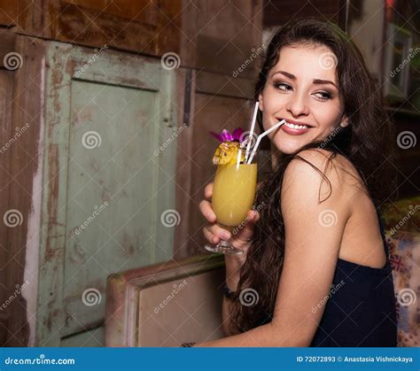 Beautiful Makeup Smiling Woman Drinking Cocktail In Night Vintage Stock Image Image Of Evening