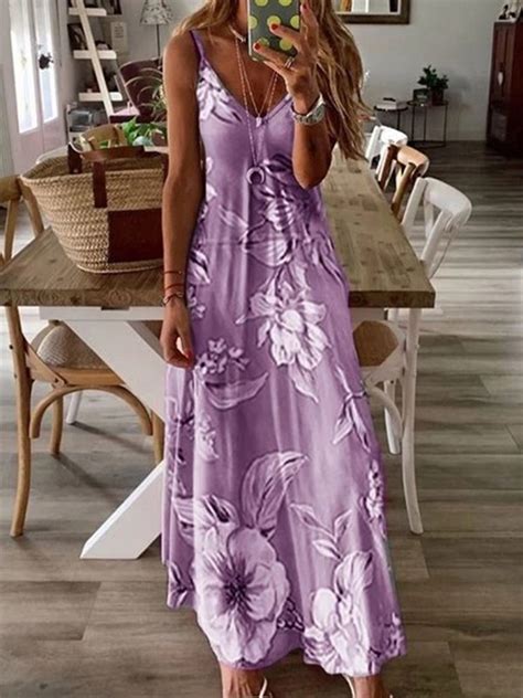 Purple Floral Spaghetti Strap Pleated Bohemian Beach Maxi Dress Maxi