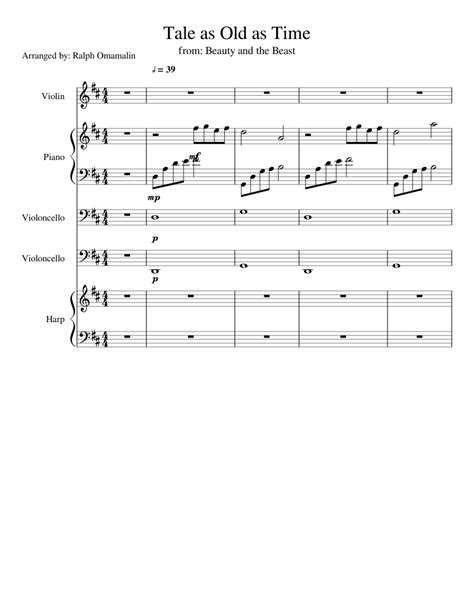 Tale As Old As Time Sheet Music For Violin Piano Cello Harp Download