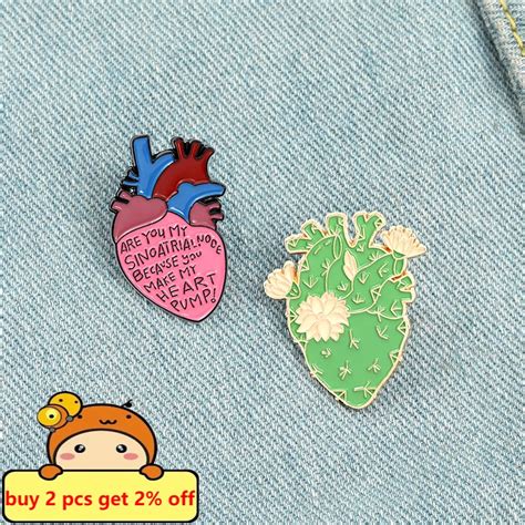 Anatomical Heart Enamel Lapel Pins Human Heart With Flowers Letters