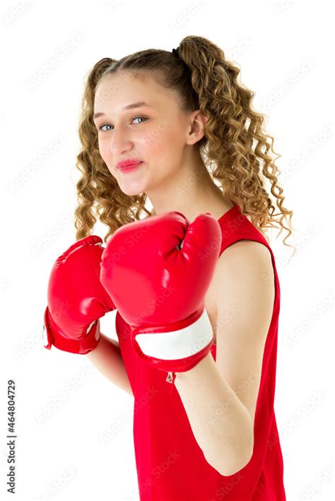 Happy Teen Girl In Red Sport Uniform Boxing Gloves Stock Photo Adobe