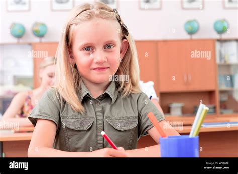 Portrait Of Students In The Classroom Sit At School Desks Stock Photo