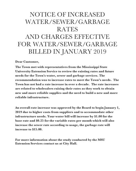 Notice Of Increased Watersewergarbage Rates Town Of Terry