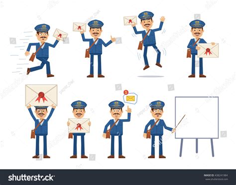 Set Postman Characters Posing Different Situations Stock Vector