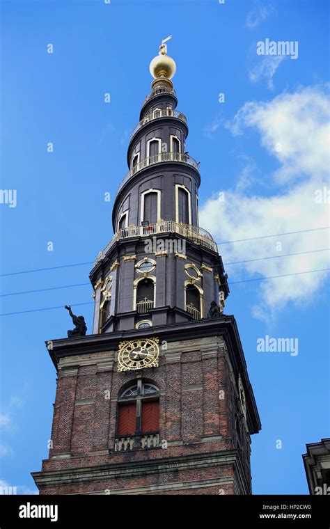 View Of The Vor Frelsers Kirke Tower In Copenhagen Denmark Stock Photo