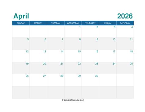 April 2026 Editable Calendar With Holidays