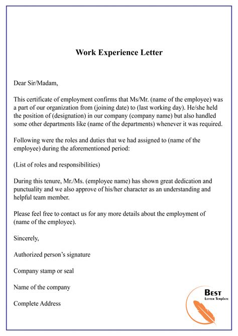 10 Free Experience Letter Sample And Example Pdf And Word