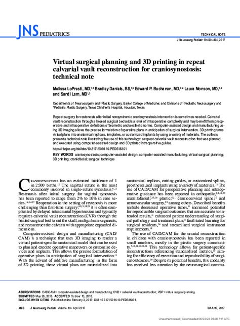 pdf virtual surgical planning and 3d printing in repeat calvarial vault reconstruction for