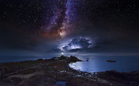 Nature Landscape Coast Long Exposure Starry Night Milky Way Storm Sea
