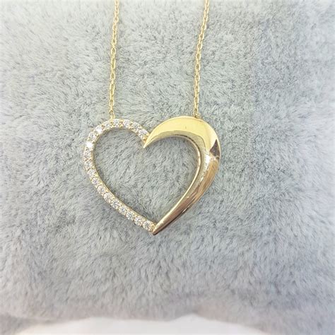 14k Real Solid Gold Heart Pendant Necklace Half Decorated With Zirconia