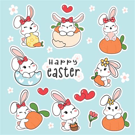 Group Of Cute White Baby Bunny Rabbit With Carrot And Easter Egg Sticker Collection Set Cartoon