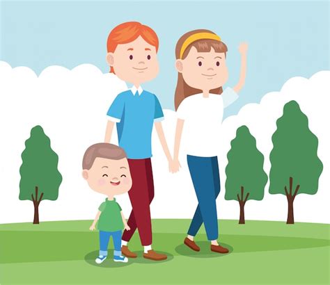 Familia Feliz De Dibujos Animados Caminando En El Parque Vector Premium