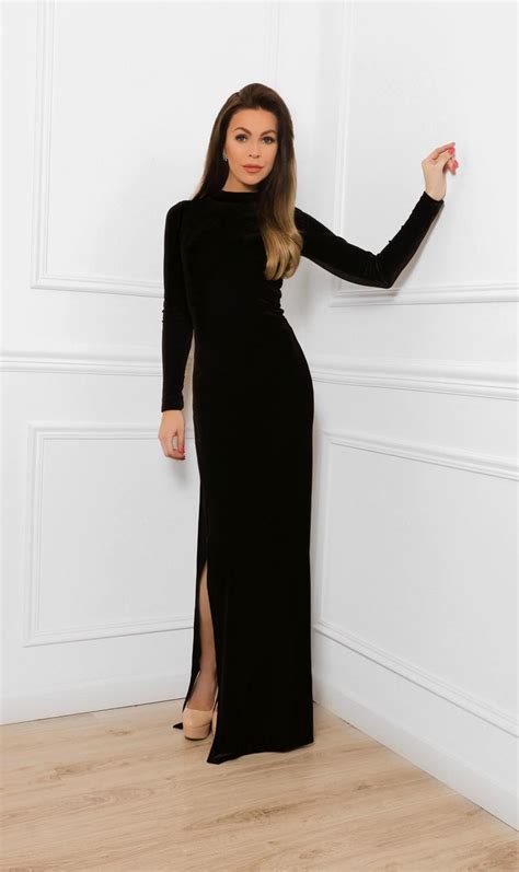 Black Velvet Maxi Bodycon Dress With Mock Neck Long Sleeves Etsy Long Sleeve Velvet Dress