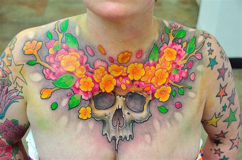 Skull And Flowers Chest Tattoo Skullspiration