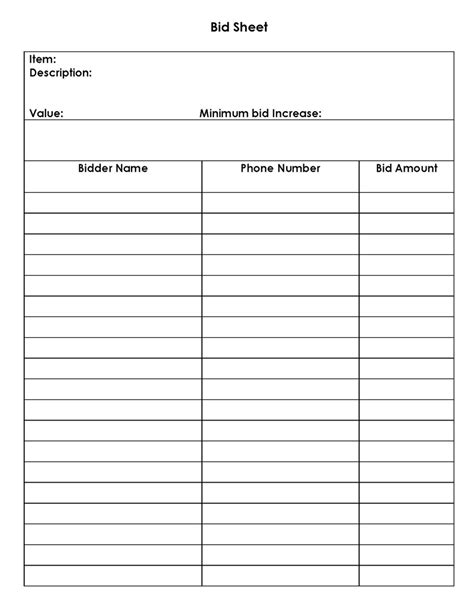 Free Bid Sheet Templates Silent Auction Word Excel Pdf