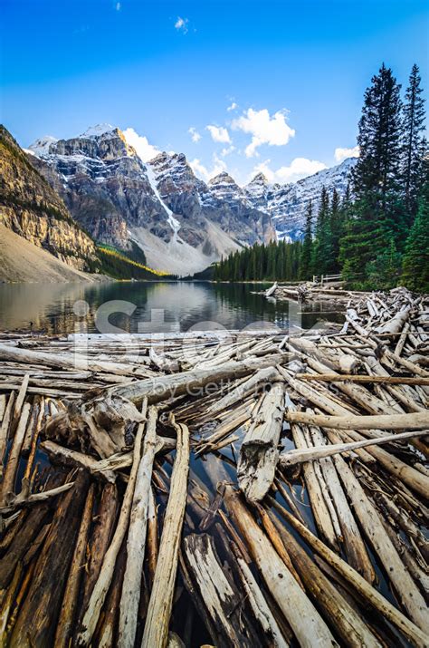 Landscape View Of Moraine Lake And Mountais In Canadian Rockies Stock