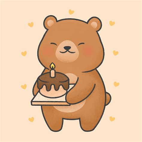 Premium Vector Cute Bear With Birthday Cake Cartoon Hand Drawn Style