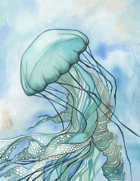 Turquoise Jellyfish Print Of Watercolour Painting In Elegant Etsy Uk
