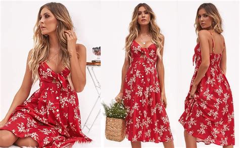 Fancyinn Womens Tie Front Summer Midi Dress V Neck Floral Print Button Down Spaghetti Strap