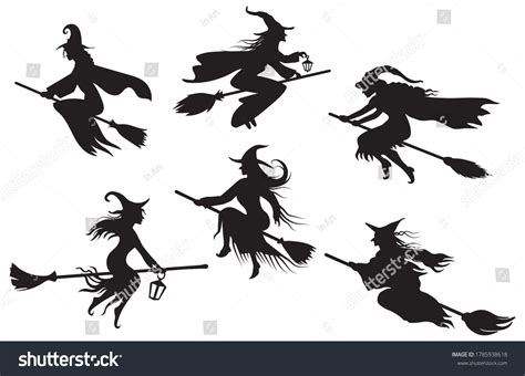 Set Silhouettes Witches Flying On Broomstick Stock Vector Royalty Free 1785938618 Shutterstock