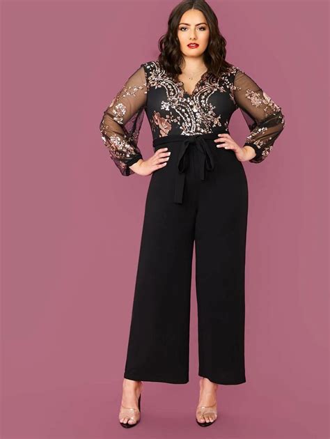 Shein Plus Sequin Mesh Bodice Belted Palazzo Jumpsuit Classy Jumpsuit Outfits Fiesta Outfit