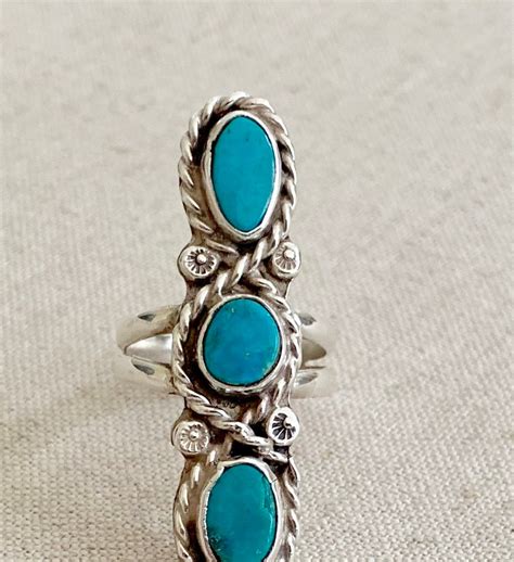 Long Turquoise Ring Triple Three Multi Stone Vintage Native American