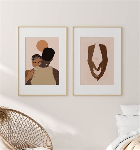 Black Couple Wall Art Set Of 3 Pieces Bedroom Afro Art Love Etsy