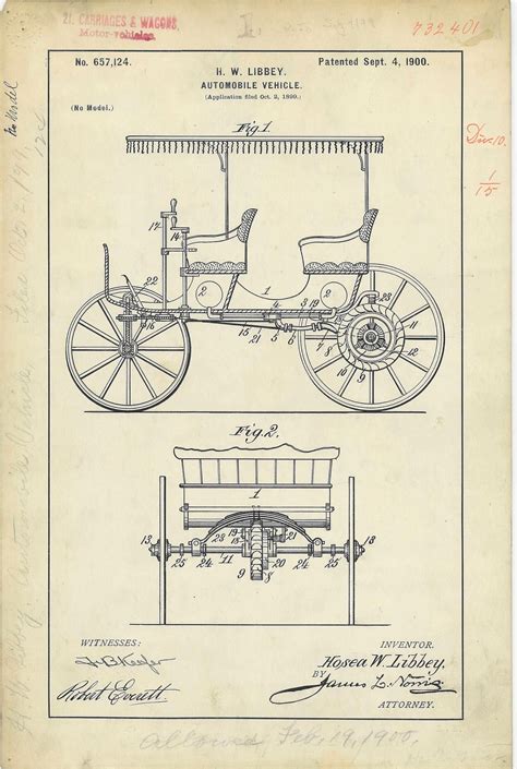 Patent Drawing For H W Libbeys Automobile Vehicle 09041900 From