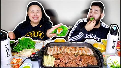 KOREAN BBQ AT HOME PORK BELLY WRAPS MUKBANG 먹방 EATING SHOW YouTube