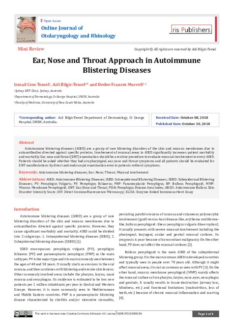 Pdf Ear Nose And Throat Approach In Autoimmune Blistering Diseases