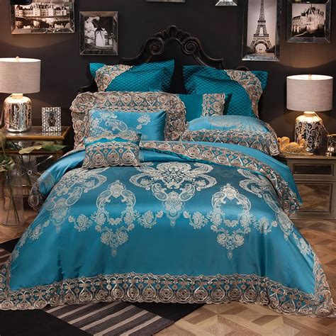 2018 Luxury European Blue Bedding Set Silk Cotton Blend Jacquard King