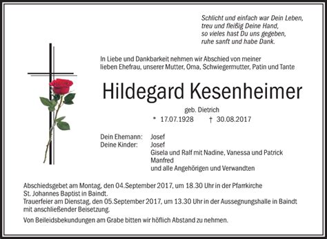 Traueranzeigen Von Hildegard Kesenheimer Schwaebische De Trauerportal