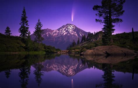 Wallpaper Trees Mountains Night Lake Reflection Comet Ca