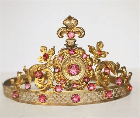 Antique French Tiara Crown Napoleon Iii Fleur De Lis Pink Rhinestones