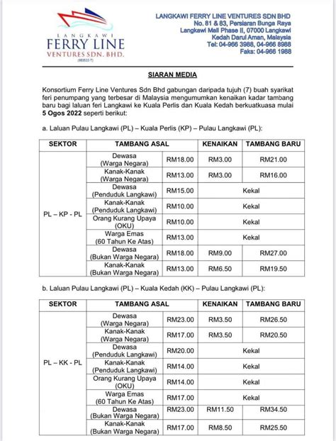 Senarai Harga Tiket Feri Langkawi Terbaru Terkini 2024