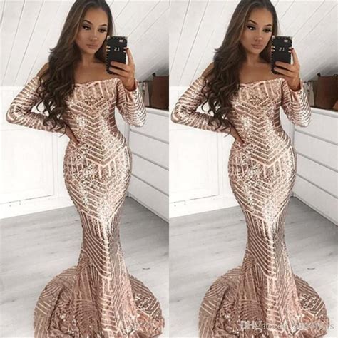 2020 Rose Gold Full Sequins Mermaid Prom Dresses Long Sleeve Off