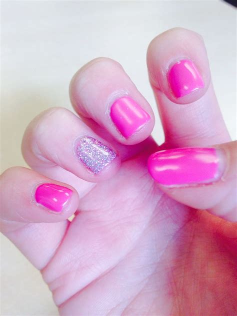 Today S Shellac Nails Hot Pop Pink With Silver Glitter On Ring Finger