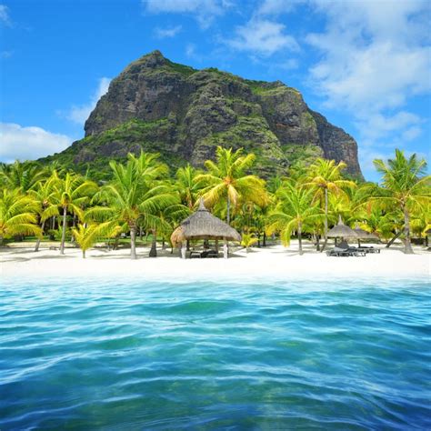 Beautiful Sandy Beach With Le Morne Brabant Mountain On The South Of