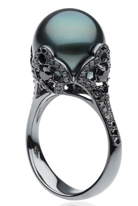 Black Pearl Ring With Black Diamonds Gorgeous Black Pearl Ring