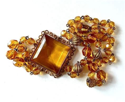 Czech Art Deco Amber Cut Glass Jewel Drop Necklace Bejewelled Ruby Lane