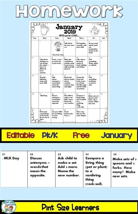 Free Editable January Homework Calendar For Your Pre K And Kindergarten