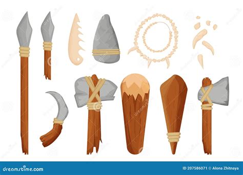 Set Of Stone Age Tools Weapon Detailed In Cartoon Style Sharpen Rock