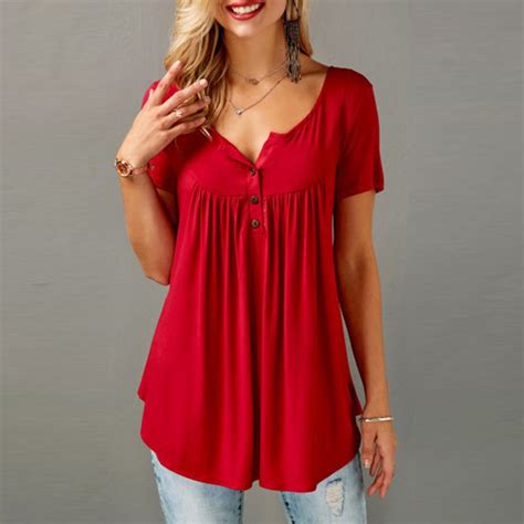 Tshirt Women Tunic Solid V Neck Red Short Sleeve Button Women Tops