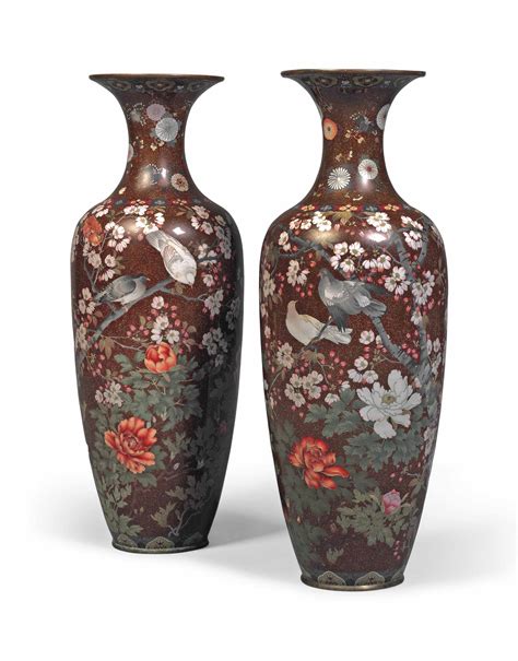A Pair Of Large Japanese Cloisonne Enamel And Goldstone Vases Meiji