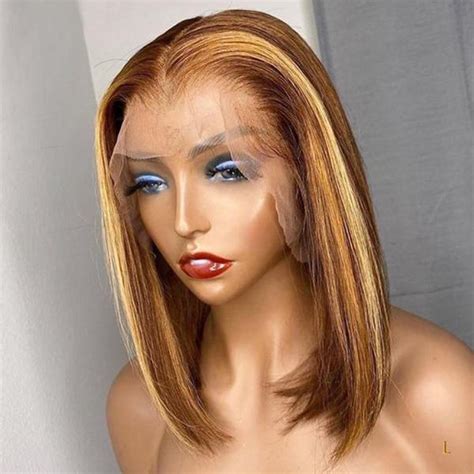 Honey Blonde Highlights Short Bob Lace Wig Straight Hair Glueless Huma