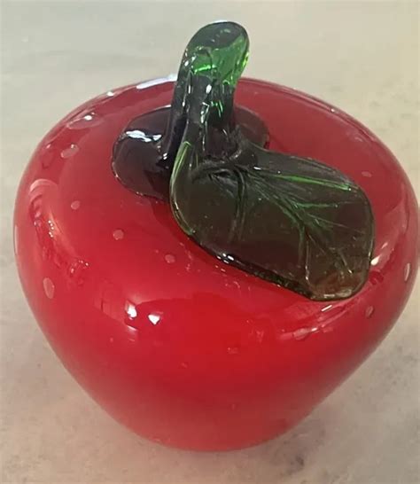 Vintage Hand Blown Red Glass Apple Paperweight Art Glass Fruit Life