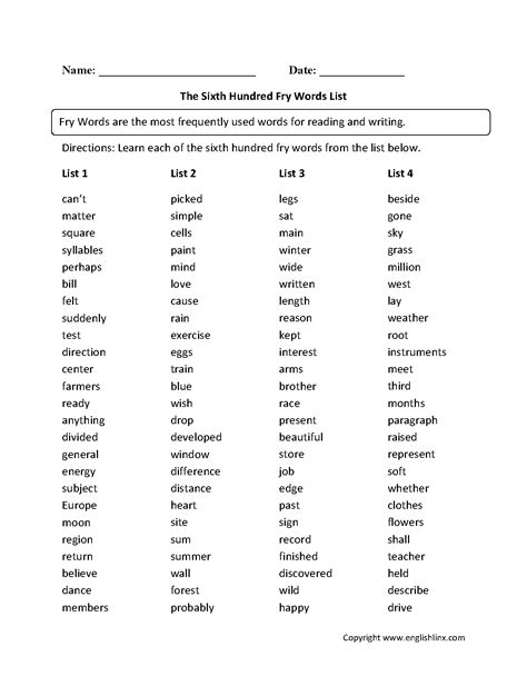 6th Grade Sight Words Printable 15 Best Images Of 6th Grade Spelling