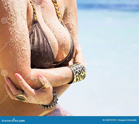 Kvinna Med Stora Bröst I Bikini Fotografering för Bildbyråer Bild av