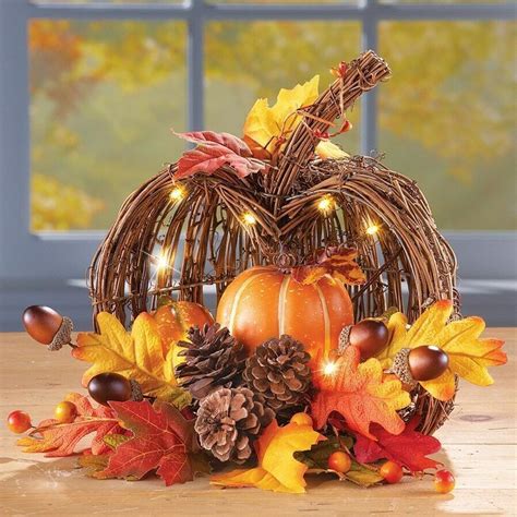 Lighted Wicker Fall Pumpkin Thanksgiving Tabletop Centerpiece Harvest