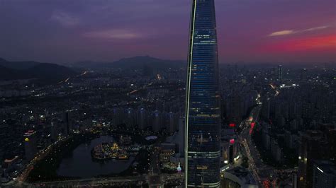 Aerial Korea Seoul April 2017 Jamsil Lotte Tower Night Stock Video